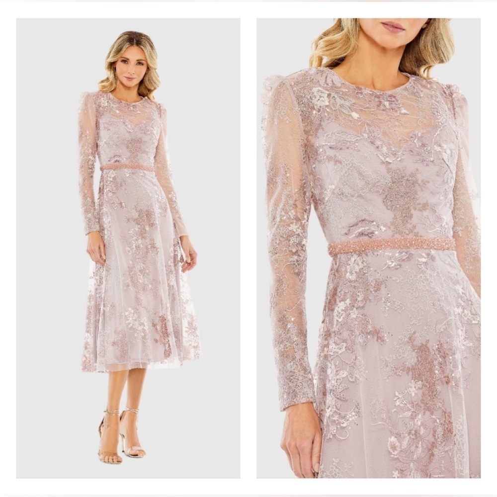 Mac Duggal 68020 NWT Embellished Illusion Long Sleeve Midi Dress in Rose